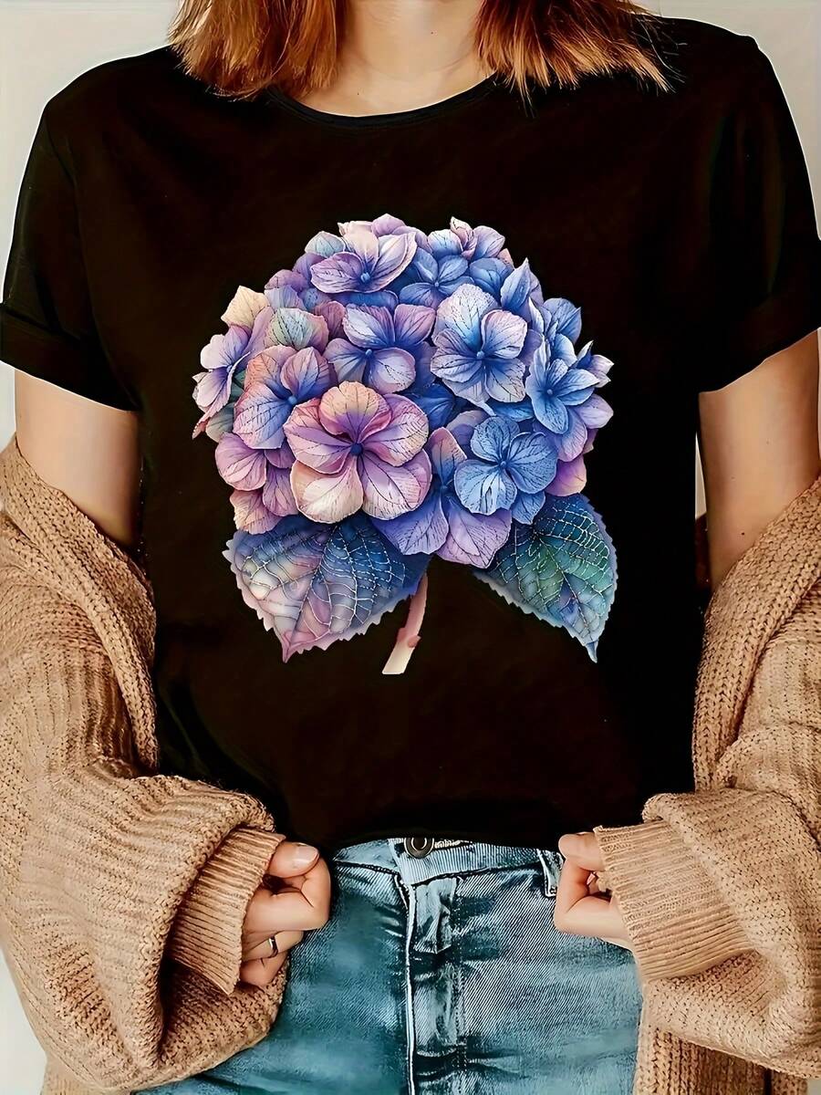 Women's T-Shirt, Casual Short-Sleeved T-Shirt For Women, Printed With Bright Hydrangea Motifs - Black, Round Neck, Lightweight And Stretchy, Summer Style, Summer Top. | Hydrangea Print Top | Women's Stretchy Tops - 黑色 - 查看 1
