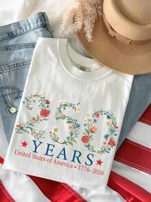 1 pieza Artsadd USA Camiseta Floral para Celebrar el 250º Aniversario, Camiseta Patriótica Botánica con Bandera Americana, Celebración de la Libertad 1776–2026, 180g Algodón 100% - 1-blanco - Ver 8