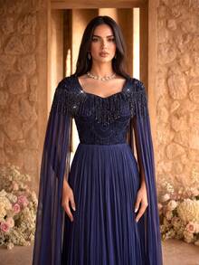SUPGIR [Random Floral Cut] V-Neck Lantern Sleeve Chiffon Sequin Embroidery Waist Cinched Party Evening Dress Wedding Spring - Navy Blue - View 3