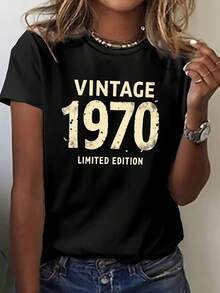 Camiseta Vintage de Edición Limitada para Mujer de los 70 - Estampado Geométrico Dorado Desgastado, Manga Corta, Cuello Redondo. Tela suave y elástica, lavable a máquina. Adecuada para todas las estaciones, estilo casual, unisex. Camiseta Estampada de Manga Corta para Verano 2026, 180 gramos, 100% Algodón. - Negro - Ver 1