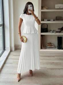 Conjunto elegante de 2 piezas con camisa de mangas cubiertas y dobladillo plisado y minifalda plisada de unicolor para mujer - Negro - Ver 1