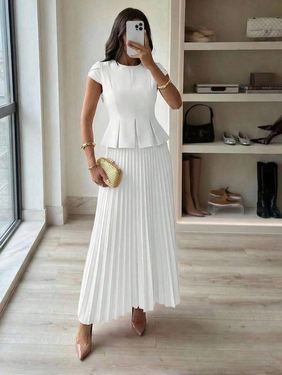 Conjunto elegante de 2 piezas con camisa de mangas cubiertas y dobladillo plisado y minifalda plisada de unicolor para mujer - Negro - Ver 1