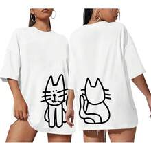 Camisetas Lindas de Gato para Mujer, Camiseta Oversize con Gráfico de Gato Negro, Camiseta Casual, Camisetas Kawaii, Tops Divertidos y Estéticos - Blanco - Ver 1