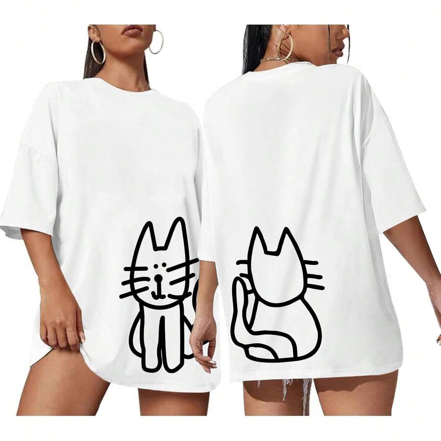 Camisetas Lindas de Gato para Mujer, Camiseta Oversize con Gráfico de Gato Negro, Camiseta Casual, Camisetas Kawaii, Tops Divertidos y Estéticos - Blanco - Ver 1