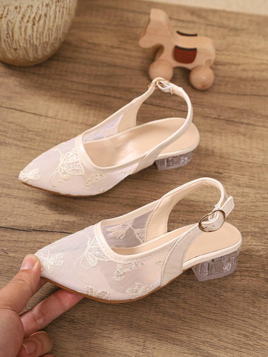 Minimalist Soft Beige Lace Thin Strap High Heel Sandals, Crystal Heel, Versatile Elegant, Suitable For Girls' Performance Wear - Beige - View 1