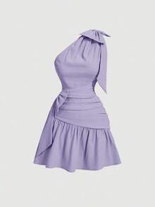 MOD Vestido corto asimétrico de cuello con lazo en color morado, para verano - Rosa - Ver 6