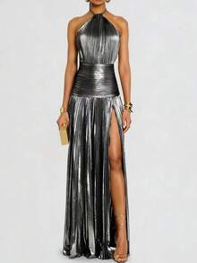 Metallic Pleated Sleeveless Dress With High Straps And A Slit For Parties - Grey - View 4