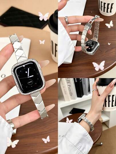 1Pc Slim Rhombus Grid Pattern, Adjustable Replacement, Stainless Steel Metal, Thin Bangle Style, Smart Watch Band Wrist Strap, Compatible With Apple Watch Series 1-11 SE Ultra, Hua Wei Galaxy 18/20/22mm, Teen Girls Daily Party Fashion Accessory