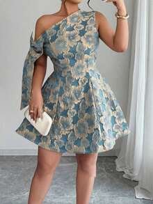 Vestido mini asimétrico de hombro con cintura recogida, decoración de lazo y tela jacquard, elegante para fiesta/cita, primavera/verano - Azul - Ver 3