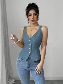 Camiseta de tirantes gruesos de un solo pecho de unicolor casual para mujer - Azul - Ver 4