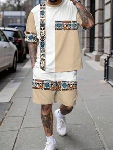Men's Summer Vacation Set: Geometric Print Short Sleeve Set, Lightweight And Breathable Beach Wear, Suitable For Vacation And Casual Style - Multicolor - View 5