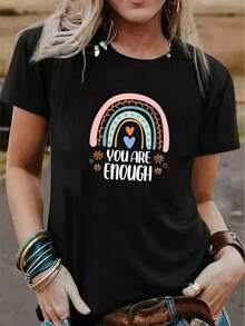 Camiseta de mujer con estampado de arcoíris, primavera y verano, informal, holgada, cuello redondo, manga corta[COD] - Negro - Ver 8