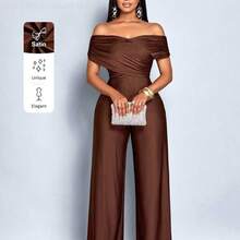 Fengyu Women's Clothing Store  Monos elegantes de mujer de unicolor con cruce y fruncido en los hombros descubiertos - Negro - Ver 2