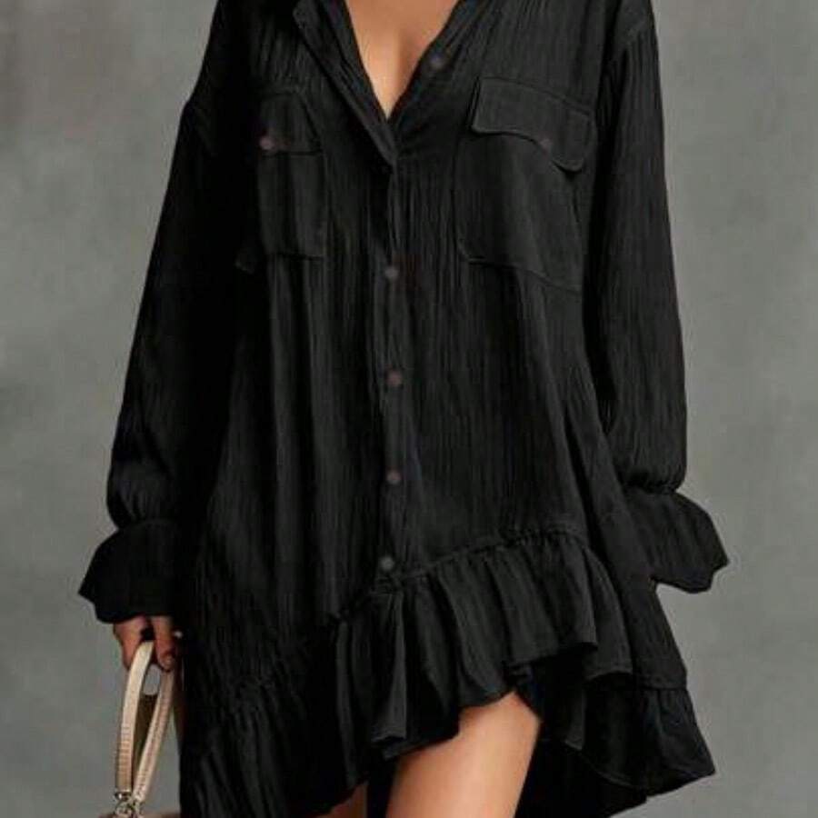 guangzhougaolangshangmao Nuevo vestido elegante y cómodo con botones delanteros y volantes en el bajo, para primavera/verano - Negro01 - Ver 1