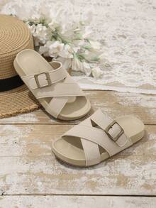 1 Pair Kids Casual Cross Strap Open Toe Slippers, Versatile Soft Bottom Comfortable Slip-On Beach Sandals For Boys And Girls, Summer - Beige - View 1