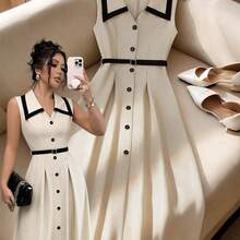 Nana's Women's Clothing Store  Vestido midi elegante y retro de mujer con cintura ajustada, cuello de solapa y botones, color albaricoque/negro, para uso diario y formal, primavera/verano - Multicolor - Ver 2