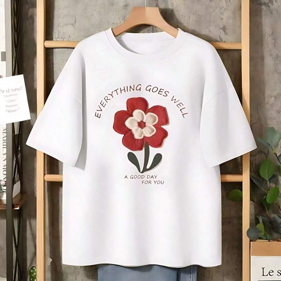 Esta camiseta de cuello redondo para mujer presenta un estampado floral por sublimación, que desprende un encanto delicado y juvenil, perfecto para un look dulce y maternal. Ideal para el Día de la Madre. - Blanco - Ver 1