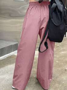 Pantalones casuales de mujer con estampado, cintura con cordón y bolsillos - Rosa - Ver 2