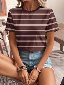 Frenchy Camiseta de manga corta holgada con cuello redondo, estilo asimétrico a rayas, minimalista y casual, versátil, adecuada para primavera/verano y temporada deportiva - Multicolor 13 - Ver 5