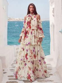 Faeriesty Floral Print Chiffon Off-Shoulder Dress, Layered Floral Print And Delicate Ruffle Hem Design, Elegant Flowing Silhouette, Suitable For Weddings, Garden Parties, Formal Events, And Vacation - Light Yellow - View 3