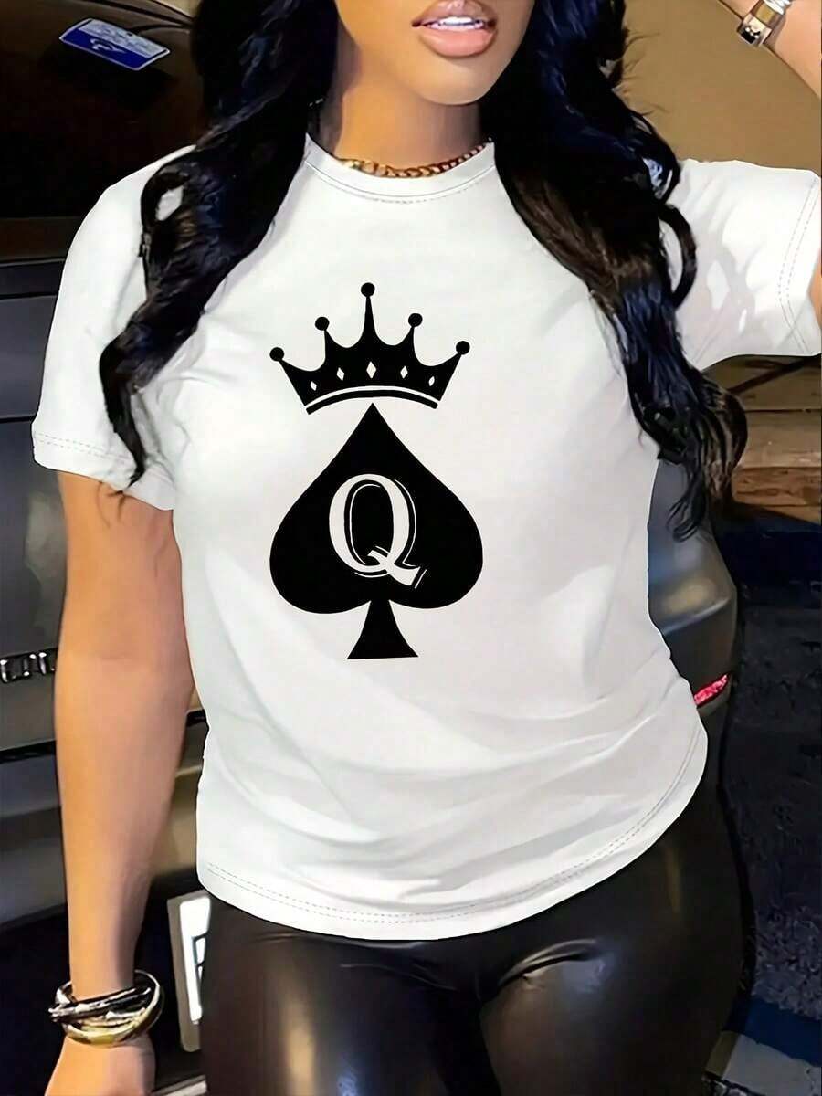Camiseta Gráfica con Corona de Reina Transpirable para Mujer, Estilo Casual, Lavable a Máquina, Cuello Redondo, Camiseta de Algodón - Blanco - Ver 1