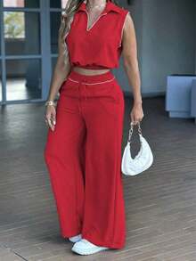 Conjunto casual minimalista de 2 piezas para mujer, top sin mangas de cintura alta con cuello y bolsillos, con cordón falso, elegante para primavera/verano en color negro - Rojo - Ver 1