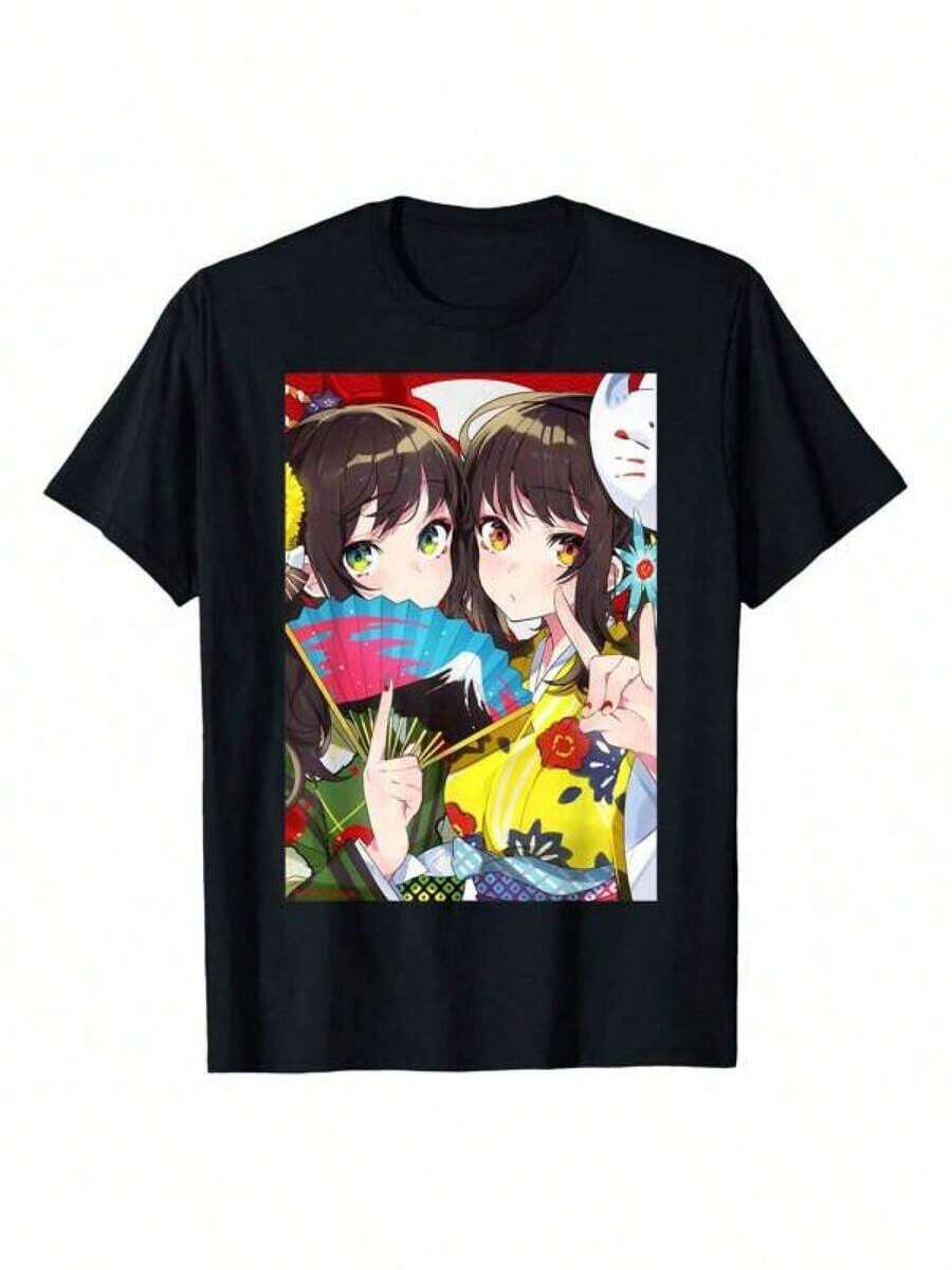 Camiseta Casual con Diseño de Cuello Redondo, Estampado de Anime, Estilo Japonés Otaku, 220G, Holgada, Manga Corta, Estilo Kawaii Waifu, Regalo Perfecto para Verano, Unisex, Clásica, Divertida, Retro, para Todo el Año camisas de mujer sudaderas para mujer sueter blusa casual mujer verano vestidos de graduación Y2k Camiseta Camisa De - Negro - Ver 1