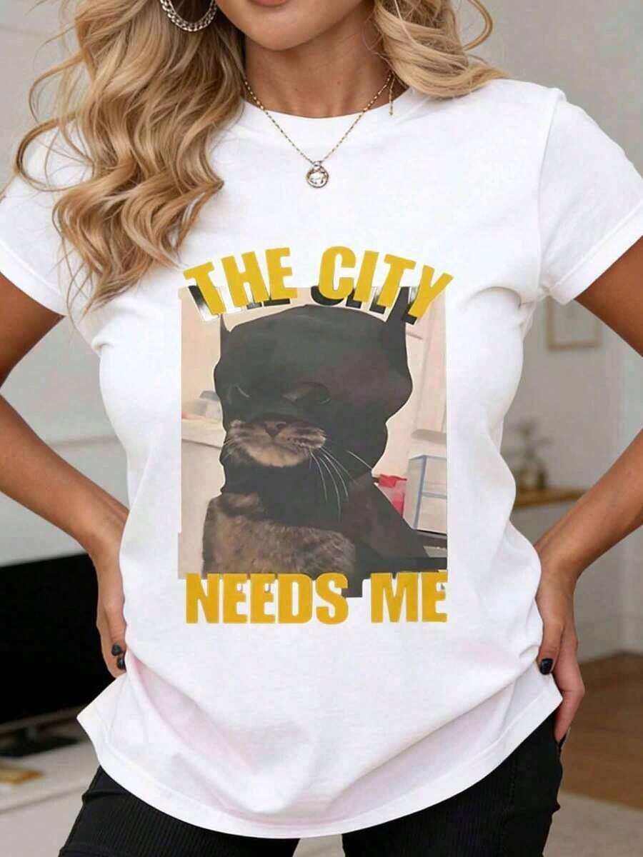 La Ciudad Me Necesita, Camiseta con Estampado de Gato para Mujer, Estampado Divertido de Animales, Ropa Casual Adecuada para Ocio y Actividades Deportivas - Blanco - Ver 1