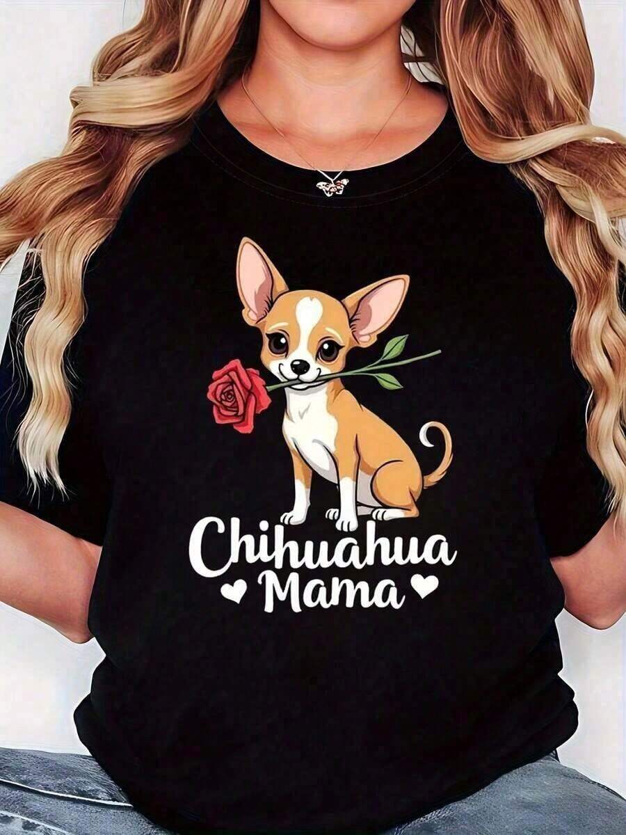 1 pieza Camiseta con estampado gráfico de mamá chihuahua para amantes de perros, para mujer, primavera-verano, manga corta, cuello redondo, casual, para uso diario, regalo para vacaciones, 180g, 100% algodón. - Negro - Ver 1