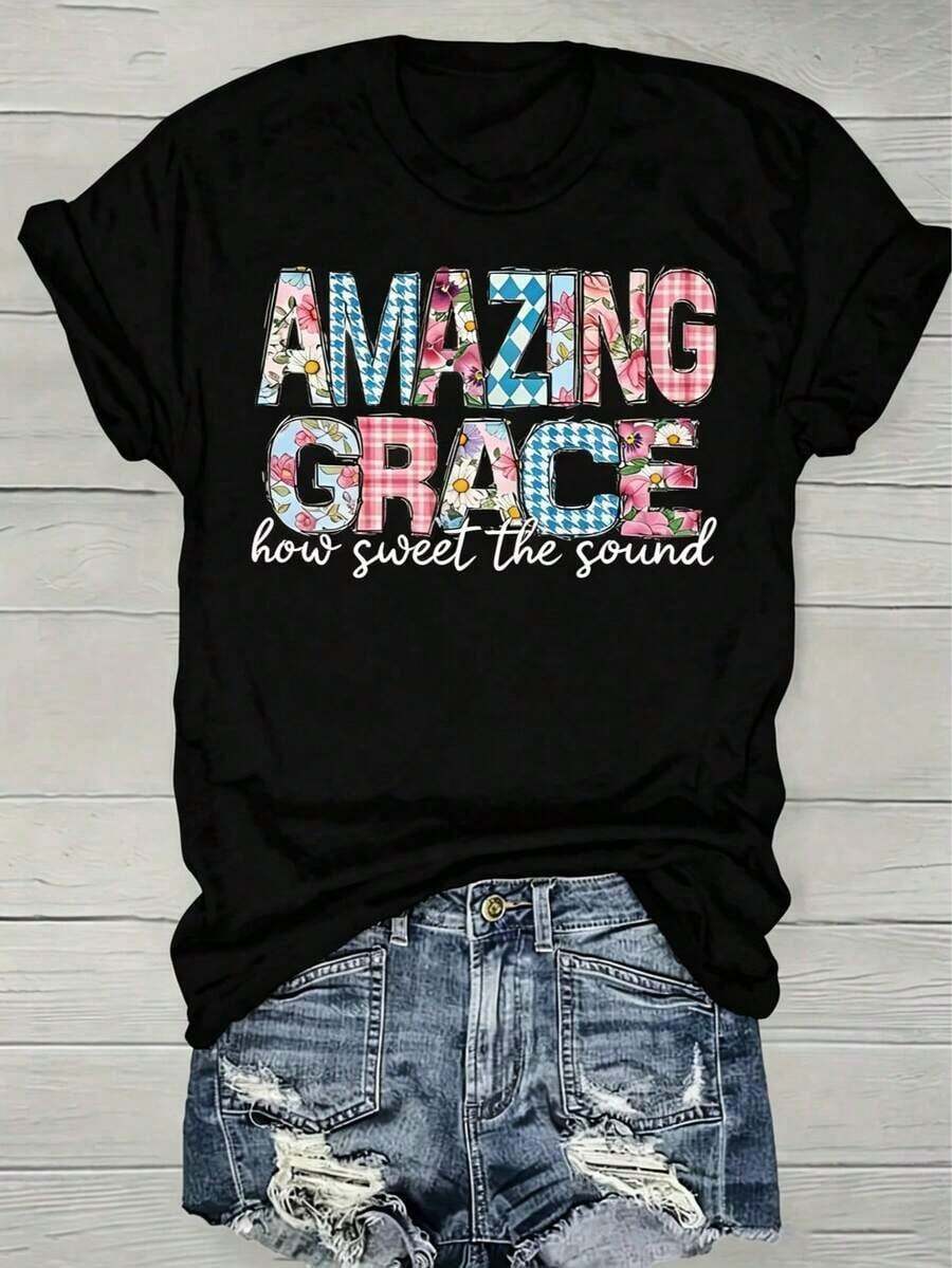 TrendyChristian Women's T-Shirt, 1 Piece, Casual, With Floral Patch Design "Amazing Grace", 100% Cotton, Short Sleeve, Round Neck, Regular Fit T-Shirt For All Seasons, Knit Fabric, 180g, Ideal As A Thanksgiving And Christmas Gift, For Everyday Wear - 黑色 - 查看 1