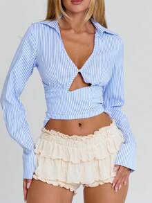 Women's Ruffle Layered Mini Skort, Mesh Tiered Bloomers Shorts Low Waist Frill Trim Micro Skirt Bottoms - Beige - View 3