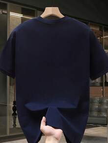 Camiseta de Manga Corta Estampada de Marca de Moda para Hombres en Verano, Algodón Puro Pesado, Estilo Coreano y Japonés, Tops Versátiles para Hombres - Color azul marino - Ver 3