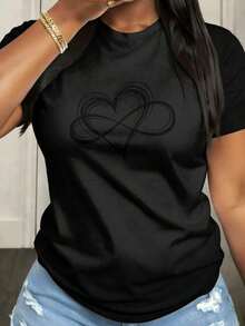 Camiseta de Mujer de Talla Grande con Diseño de Corazón Blanco, Manga Corta, Cuello Redondo, Tejido de Elasticidad Media, Adecuada para Primavera, Verano y Otoño, Lavable a Máquina, Diseño D - Negro - Ver 7