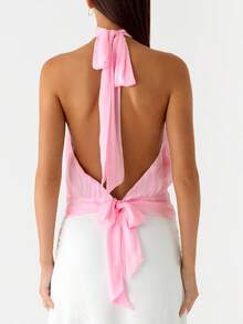 Women's Halter Pleated Chiffon Tank Top Sleeveless Neckline Tie-Up Open Back Tie Casual Blouses 2025 Summer Tops - 粉色 - 查看 5