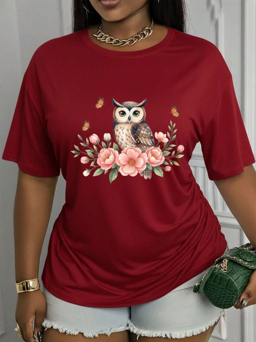 Camiseta con Estampado de Búho Floral de Soft Wo - Blusa de Manga Corta con Cuello Redondo - Top Compatible| Elástico medio, lavable a máquina, adecuado para primavera, verano y otoño, ropa casual, camisetas con diseño de búho y flores, corte no regular, patrón para regalo de vacaciones. - Rojo - Ver 1