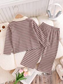 2pcs Girls Casual Striped Collar Long Sleeve Top And Pants Set, Spring/Summer/Autumn - Coffee Brown - View 2
