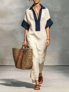 Vestido de verano de estilo casual francés de nueva llegada, con bloqueo de color, escote en V elegante, que estiliza y alarga, adecuado para vacaciones en la playa, uso diario casual, ir al trabajo, citas, hecho de lino con textura, cómodo y transpirable - Verde militar - Ver 4