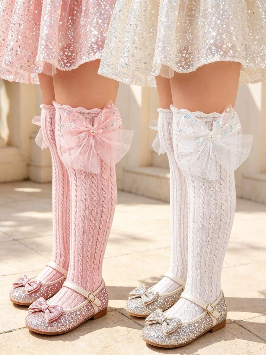 2双装女童网眼蝴蝶结装饰甜美可爱中筒袜,公主风长袜,适合女孩户外活动、表演、派对和度假穿着。 - 彩色 - 查看 1