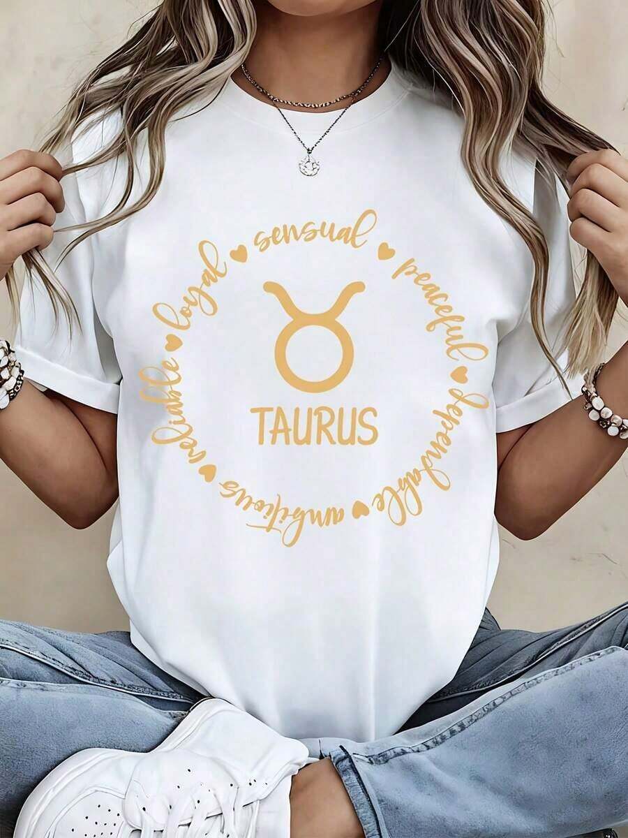 Camiseta de Mujer Casual de Corte Holgado con Estampado del Signo Zodiacal Tauro y Frases de Lealtad, Sensualidad y Paz para Uso Diario y Amantes de la Astrología - Blanco - Ver 1