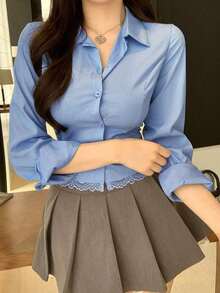 Camisa elegante de manga larga para mujer con pespunte de espina de pescado, empalme con adorno de encaje, ajuste ceñido, adecuada para uso en la oficina, primavera/verano - Verde militar - Ver 6