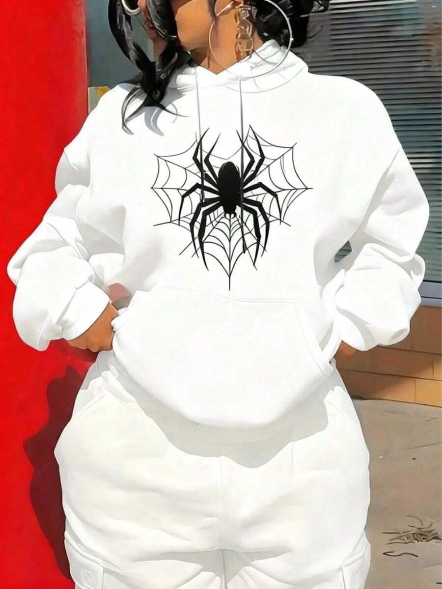 Hoodie (New Autumn/Winter Version), Loose And Versatile Coat With Spider Print, Ideal For Holidays And Travel - 米色 - 查看 1