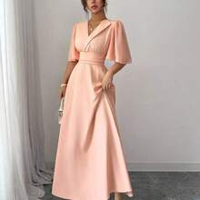 guangzhougaolangshangmao  Nuevo vestido casual, elegante y de vacaciones para mujer con diseño de cuello, cintura plisada, parche de gasa y mangas con volantes - Celeste - Ver 6