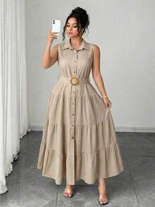 Vestido camisero de talla grande para mujer, de unicolor, casual, con un solo botón delantero y sin mangas, vestido plisado, para verano - Albaricoque - Ver 7