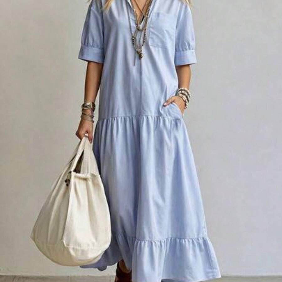 Women Long Dresses - 藍白 - 查看 1