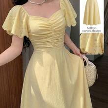 guangzhougaolangshangmao  Vestido elegante y romántico de manga corta, cintura recogida y plisado en A, de longitud media, en color amarillo tejido, para primavera/verano - Amarillo - Ver 6