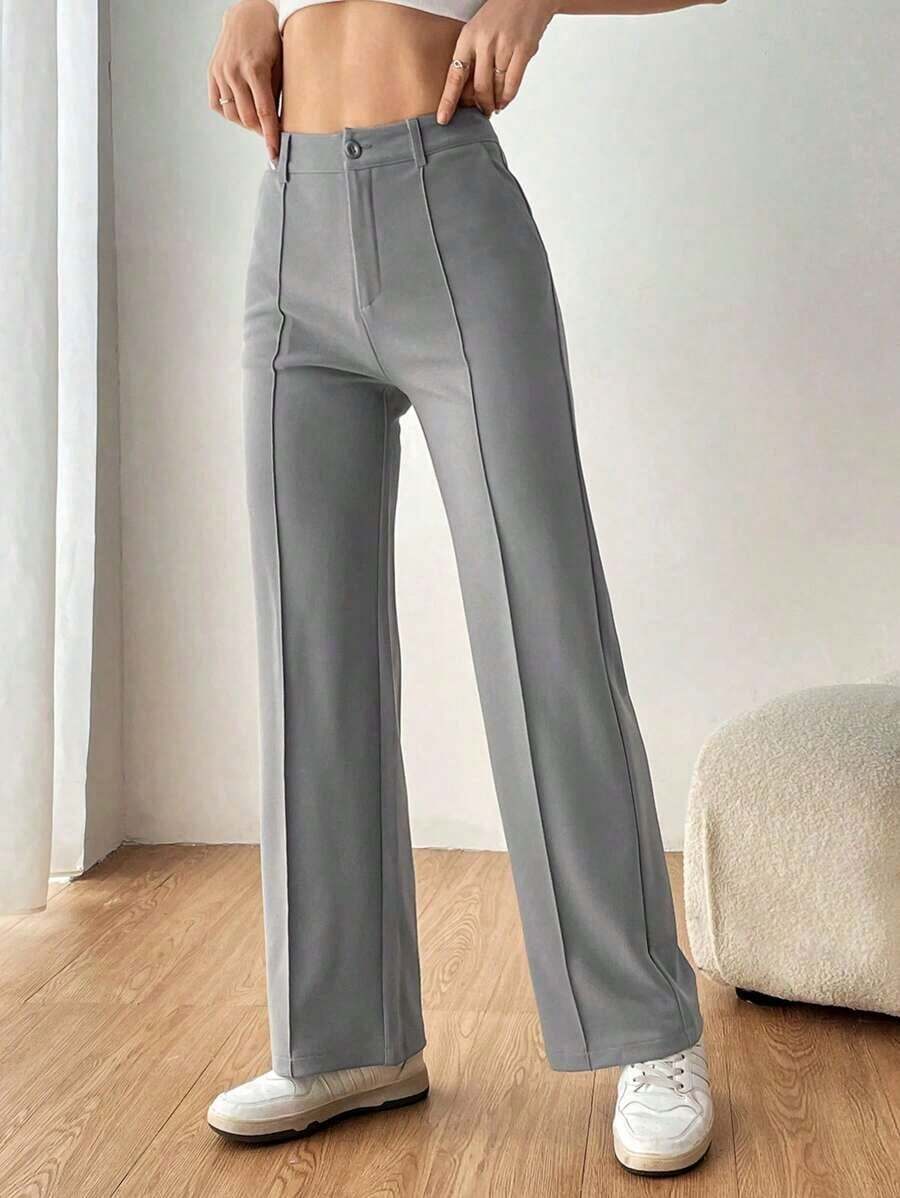 Pantalones de traje de mujer con bolsillos laterales sesgados, líneas de costura visibles para otoño/invierno - Gris - Ver 1