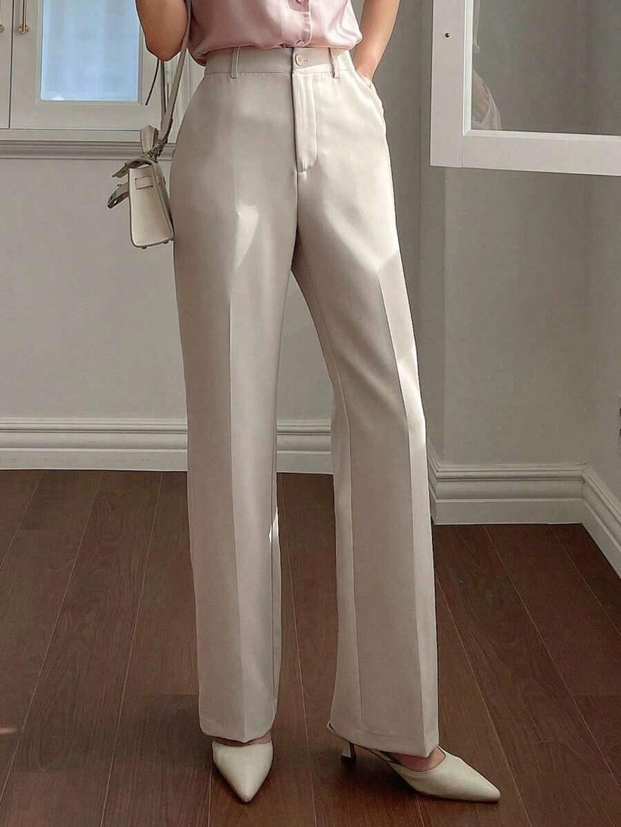 Pantalones rectos de unicolor de estilo casual y de negocios, pantalones de vestir de tiro bajo para mujer - Albaricoque - Ver 1