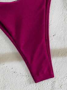 New Stylish Sexy Solid Color Bikini Set, Women's Halter Tie Design, Summer Beach Vacation - Burgundy - View 7