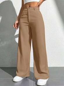 Pantalones casuales de pierna recta de unicolor con bolsillos para mujeres - Caqui - Ver 1