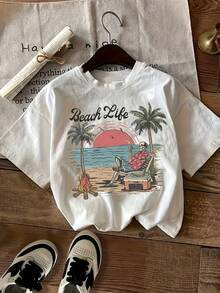 Camiseta informal estampada para la playa - Camiseta de manga corta y cuello redondo para mujer, estampado geométrico, largo normal, apta para todas las estaciones.Mejorar el look vale la pena comprar Adecuado para todas las ocasiones RO1V - Blanco - Ver 1